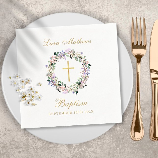 Guardanapo De Papel Lavanda Floral Garland Dourado Baptism Christening (Criador carregado)