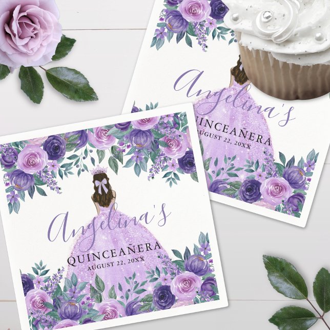 Guardanapo De Papel Lavanda Floral Roxo Quinceanera (Lavender Floral Purple Quinceanera Napkins )