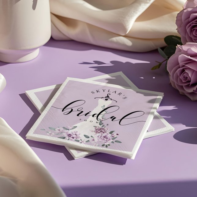 Guardanapo De Papel Lavanda Florals Chá de panela de Vestido Branco (Lavender Florals White Wedding Dress Bridal Shower Napkins)