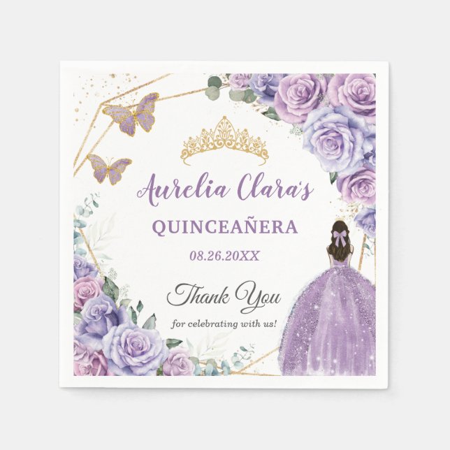 Guardanapo De Papel Lavanda Lilática Roxa Quinceañera Princesa Floral (Frente)