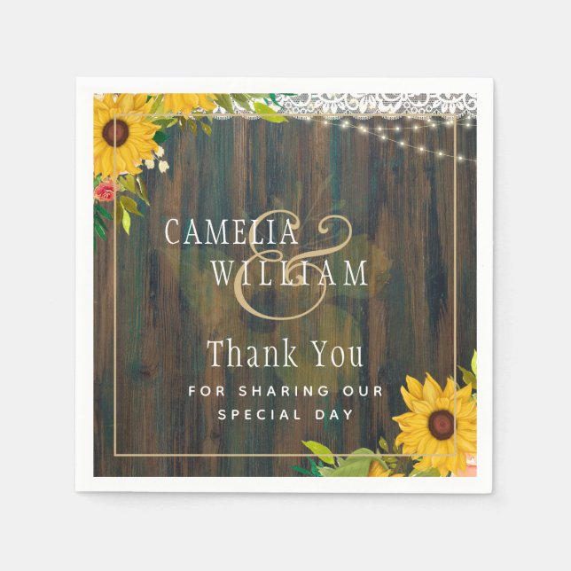 Guardanapo De Papel Leah G Rustic Sunflower Lace Luzes Casamento de Ma (Frente)