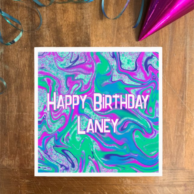 Guardanapo De Papel Legal Festa de aniversário Personalizada com Largu (Vibrant color cool aqua n pink swirls give fun vibe for personalized Happy Birthday party napkins.

)