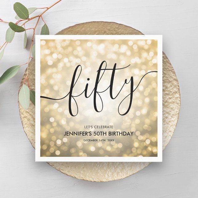 Guardanapo De Papel Leitura Dourada de Script Moderno Luz 50º Aniversá (Modern Script Gold Glitter Lights 50th Birthday Napkins)