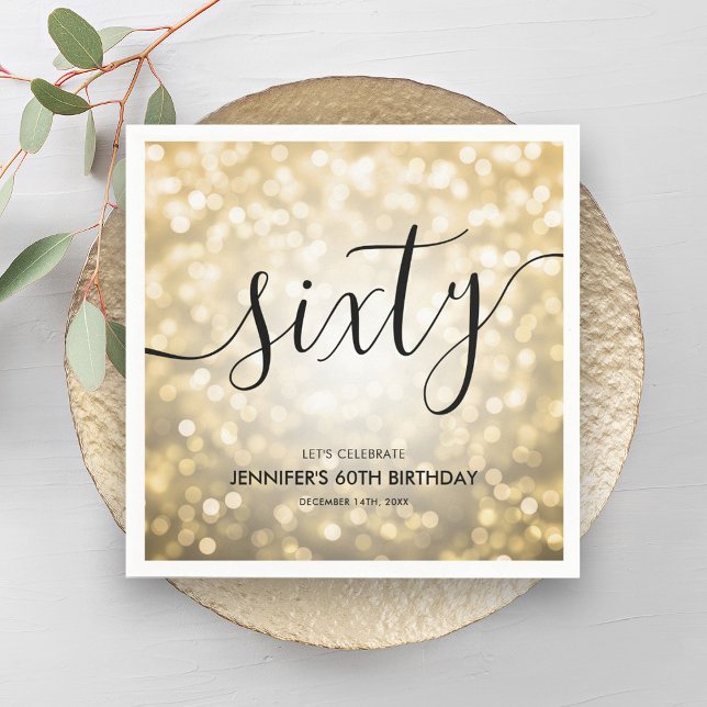Guardanapo De Papel Leitura Dourada de Script Moderno Luz 60. º Aniver (Modern Script Gold Glitter Lights 60th Birthday Napkins)