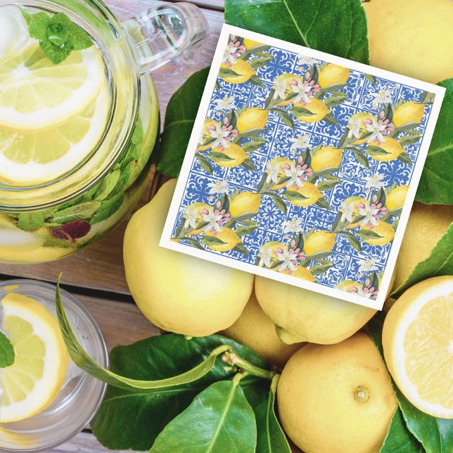 Guardanapo De Papel Lemons & Azulejo Mediterrâneo Azul Noivado (Criador carregado)