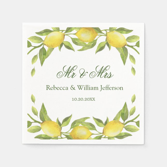 Guardanapo De Papel Lemons e Greenery Watercolor Weding Paper (Frente)
