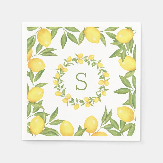 Guardanapo De Papel Lemons Greenery Monograma Elegante (Frente)
