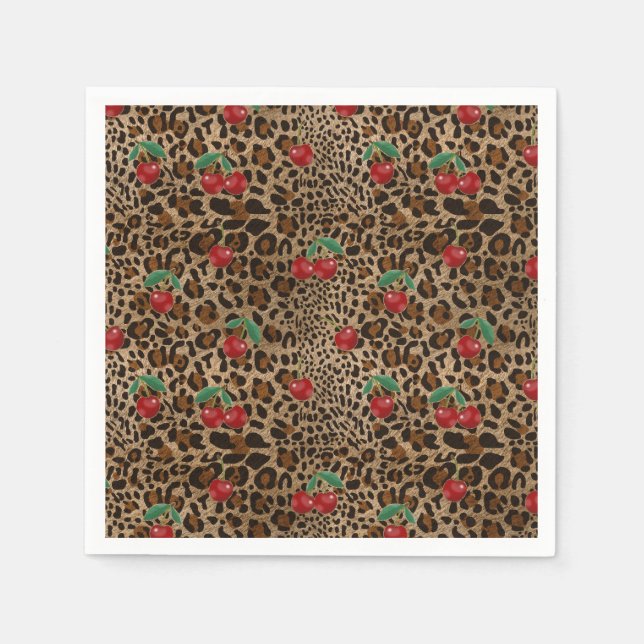 Guardanapo De Papel Leopard Cheetah Animal Print Red Cherries (Frente)