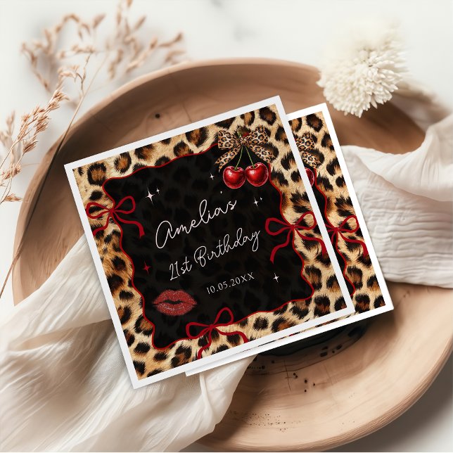 Guardanapo De Papel Leopard Cheetah Cherry Birthday Party Napkins (Criador carregado)