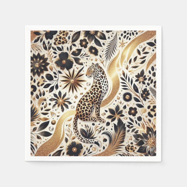 Guardanapo De Papel Leopardo negro e dourado Elegante (Frente)