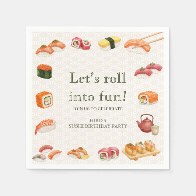 Guardanapo De Papel Let’s Roll into Fun! Sushi Birthday Party Invitati (Frente)