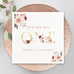 Guardanapo De Papel Letra Dourada Floral Elegante Primeiro Aniversário