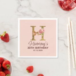 Guardanapo De Papel Letra H Monograma Dourado Rosas Rosa Beijo