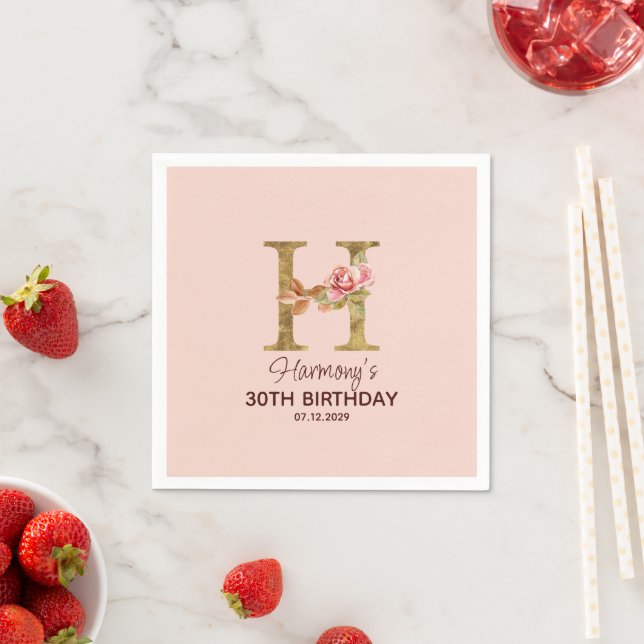Guardanapo De Papel Letra Personalizada H Dourado com Rosas Rosa Bege (Insitu)