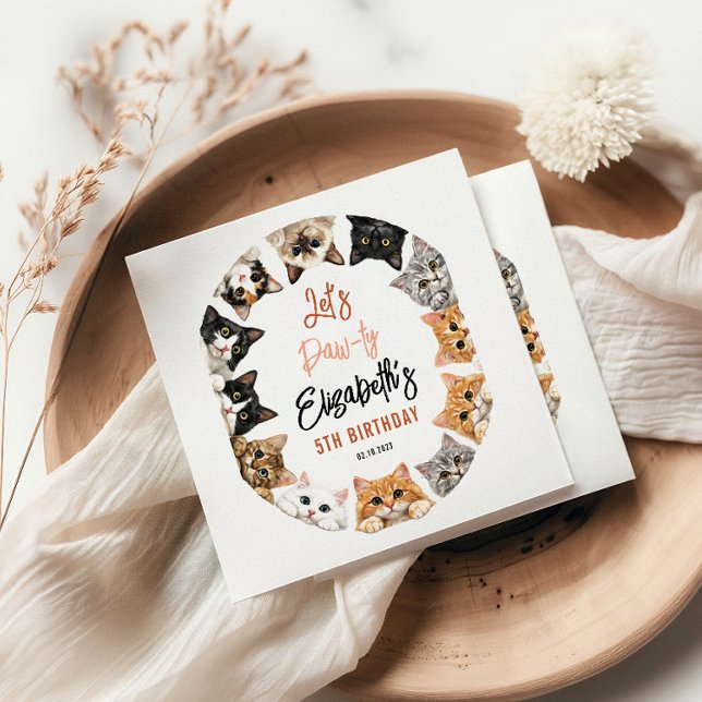 Guardanapo De Papel Let's Pawty Cat 5th Birthday | Custom Birthday Kid (Let's Pawty Cat 5th Birthday | Custom Birthday Kid Napkins
)