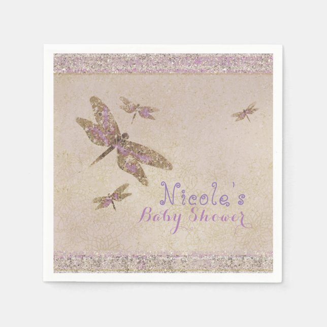 Guardanapo De Papel Libélulas Roxo e Dourado Festa Personalizada (Frente)