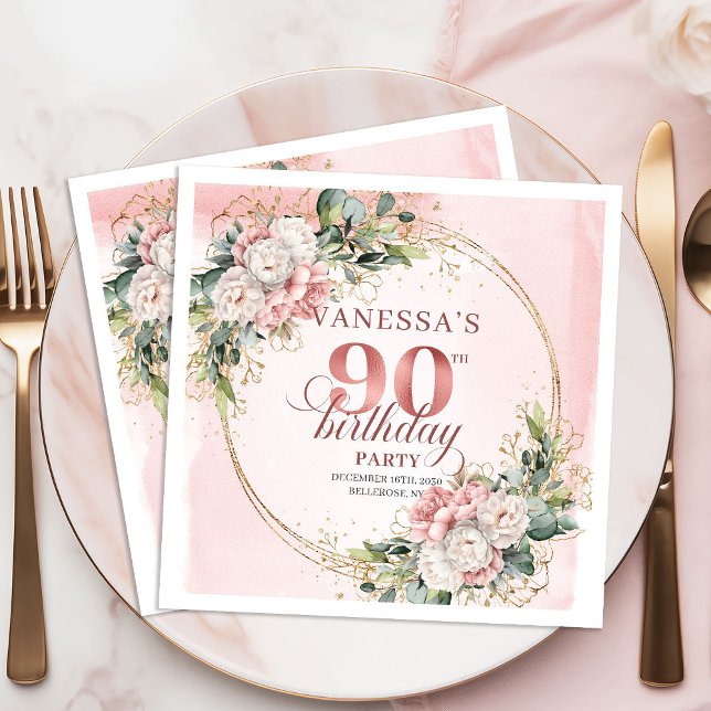Guardanapo De Papel Light Pink Bohemian Floral 90th Birthday Party  (Light Pink Bohemian Floral 90th Birthday Party Napkins)