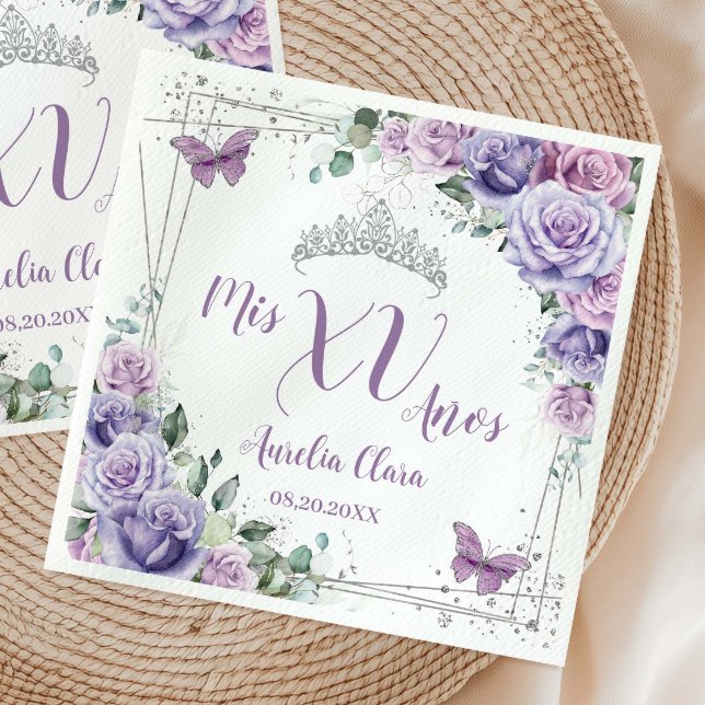 Guardanapo De Papel Lilás Roxo Chique Floral Borboletas Quinceañera (Criador carregado)