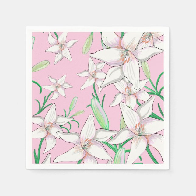 Guardanapo De Papel Lillies Brancos na Ilustração de Fundo Rosa (Frente)