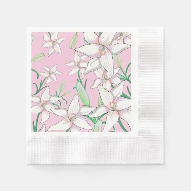 Guardanapo De Papel Lillies Brancos na Ilustração de Fundo Rosa (Frente)