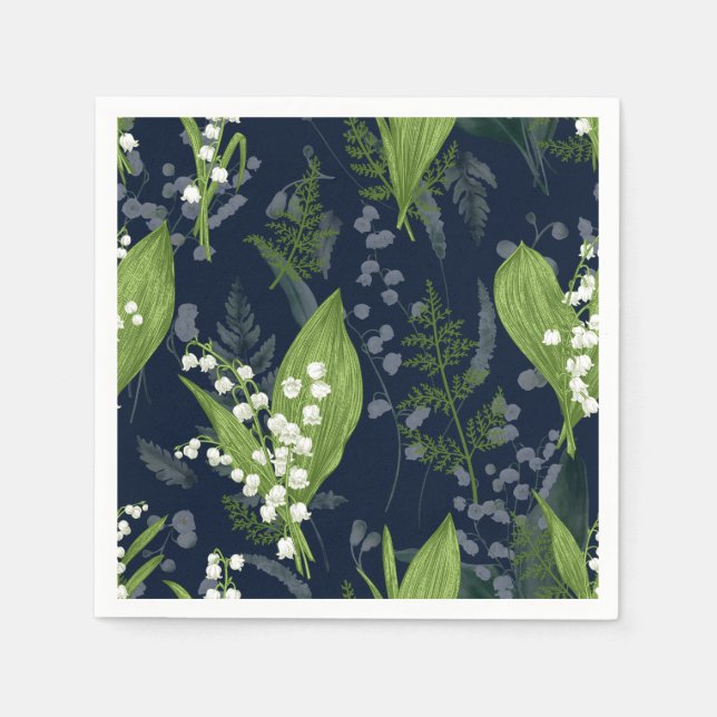 Guardanapo De Papel Lily of Valley com Ferns | Napkins Azul Escuro (Frente)