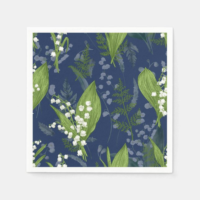 Guardanapo De Papel Lily of Valley com Ferns | Napkins Azul Escuro (Frente)