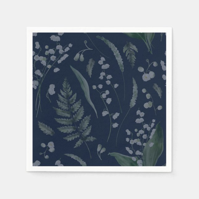 Guardanapo De Papel Lily of Valley com Ferns | Napkins Azul Escuro (Frente)