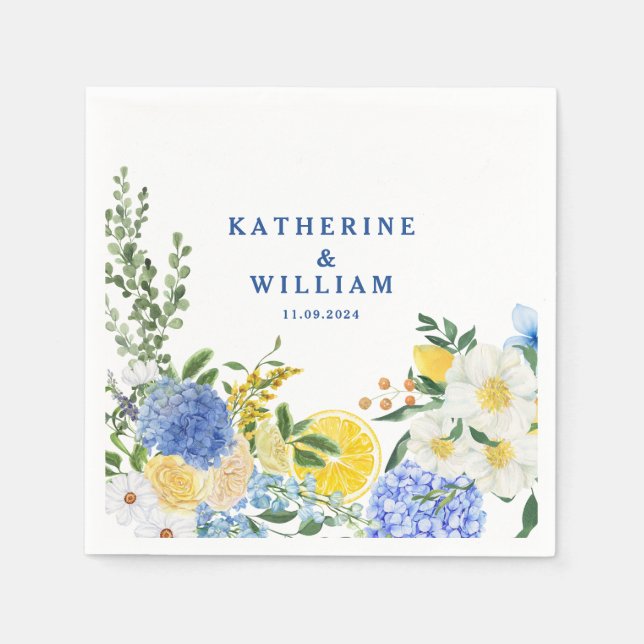 Guardanapo De Papel limão mediterrânico azul de casamento e floral ama (Frente)