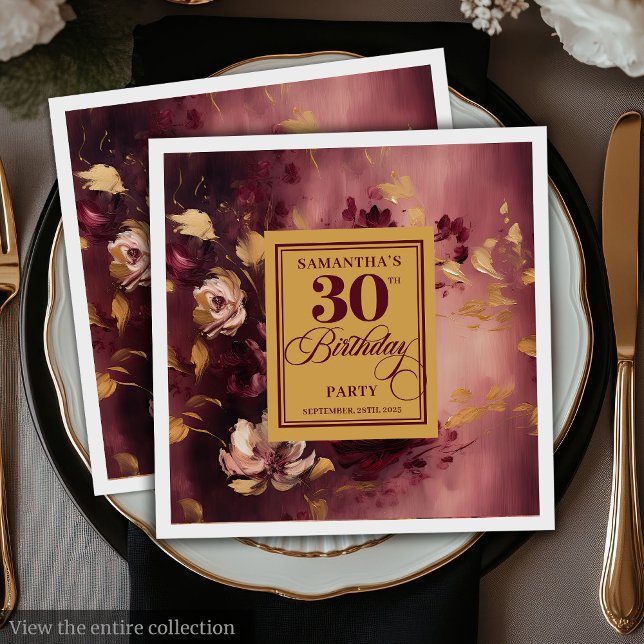Guardanapo De Papel Linda Burgundy Blush Dourado aniversário de 30 ano (Lovely Burgundy Blush Gold 30th Birthday Napkins)