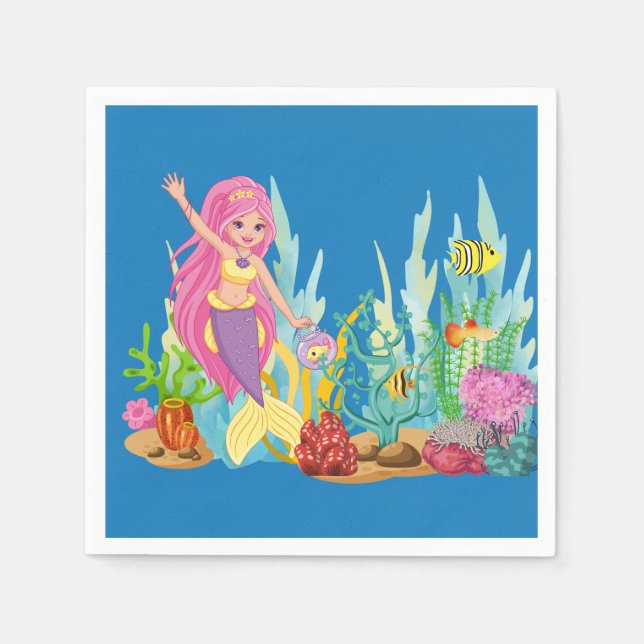 Guardanapo De Papel Linda sereia PINK HAIR tocando no mar (Frente)