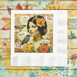 Guardanapo De Papel Linda Vintage Mulher com Aves e Flores