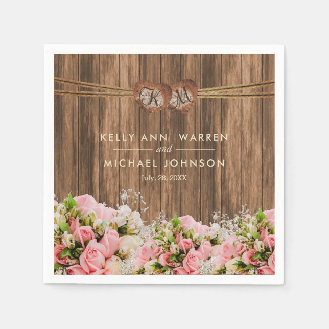 Guardanapo De Papel Lindas rosas rosa e brancas sobre madeira (Frente)