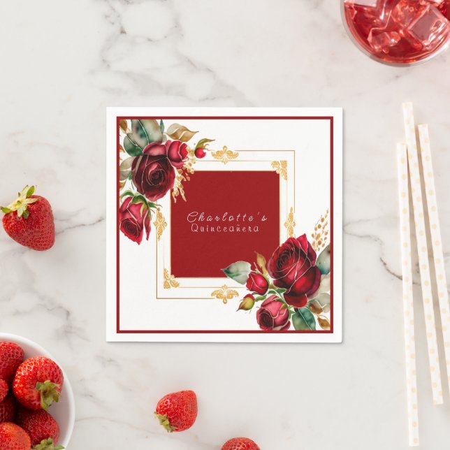 Guardanapo De Papel Lindas Rosas vermelhas Douradas Filigree Quinceañe (Insitu)