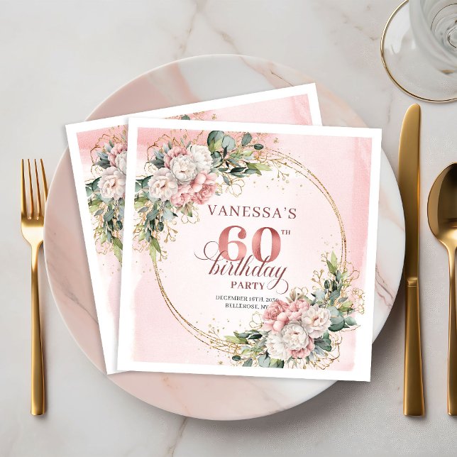Guardanapo De Papel Lindo Boho Rosa Água-forte Aniversário de 60 anos  (Pretty Boho Blush Pink Watercolor 60th Birthday Napkins)