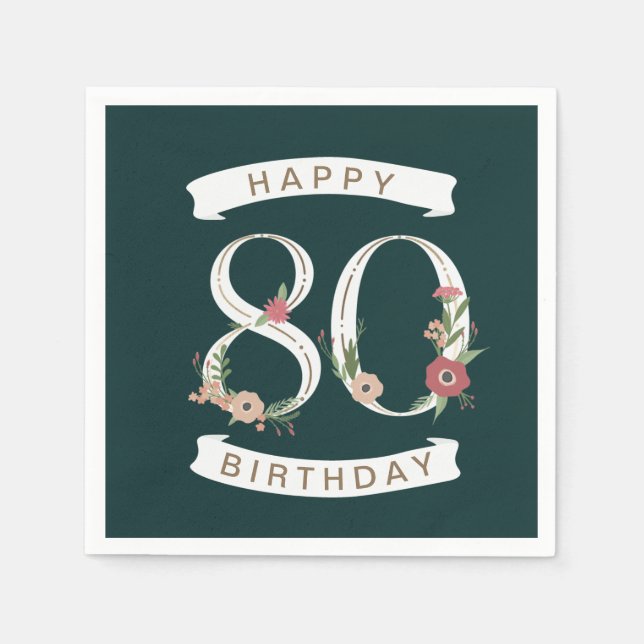 Guardanapo De Papel Lindos Numerais Florais 80 Birthday Napkins (Frente)