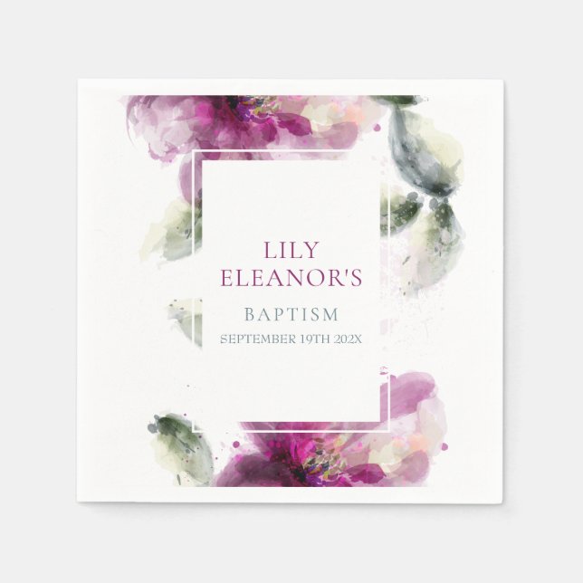 Guardanapo De Papel Lírio Rosa em Aquarela Batismo Batizado (Frente)
