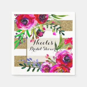 Guardanapo De Papel Listras Brancas Douradas Negrito Glam Floral Noiva