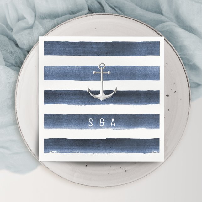Guardanapo De Papel Listras de marinho de aquarela com casamento de pr (Watercolor navy stripes with anchor beach wedding napkins)