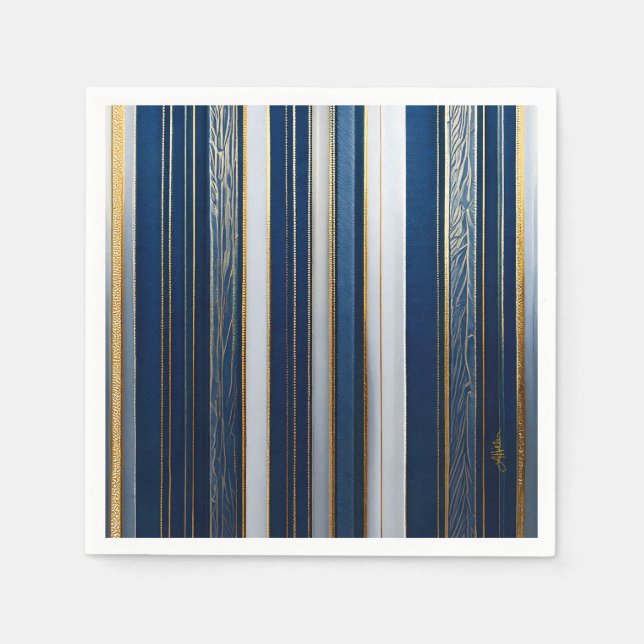 Guardanapo De Papel Listras de Natal Azul Branco Dourado (Frente)