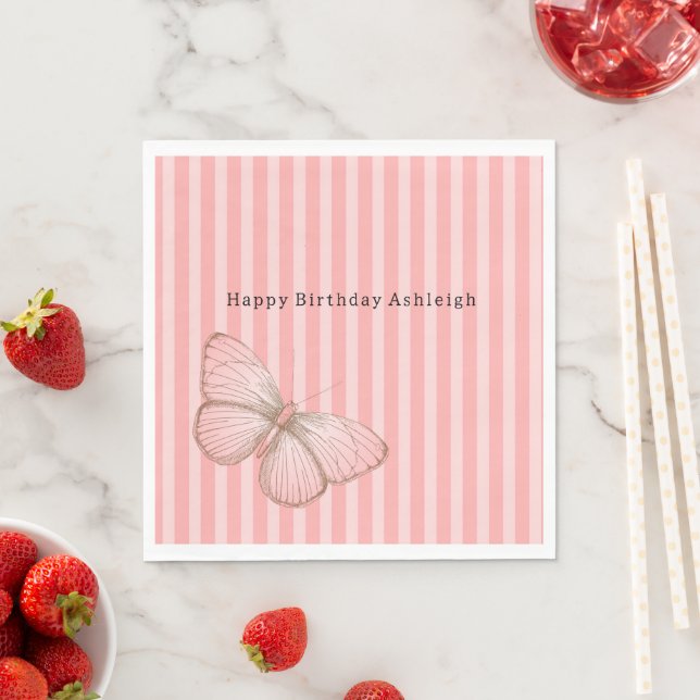 Guardanapo De Papel Listras Rosa com Aniversário de Borboleta (Insitu)