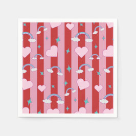 Guardanapo De Papel Listras rosa e vermelha com arco-íris e corações