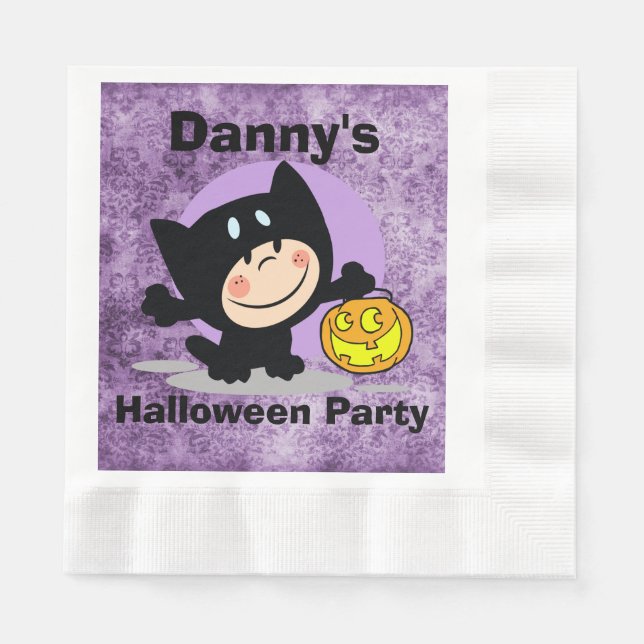 Guardanapo De Papel Little Boy inCostume com Pumpkin PurpleDamask Napk (Frente)