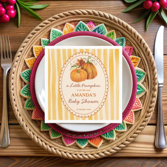 Guardanapo De Papel Little pumpkin retro stripes baby shower monogram (Little pumpkin retro yellow stripes fall baby shower monogrammed printed  napkins)