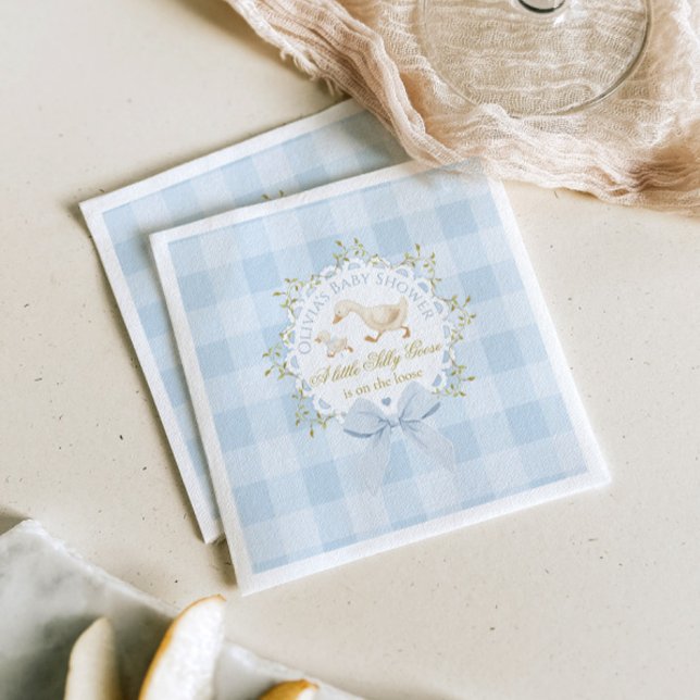 Guardanapo De Papel Little Silly Goose Blue Gingham Baby Shower (Criador carregado)