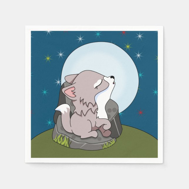 Guardanapo De Papel Lobo Bebê Uivando Para Uma Lua (Frente)