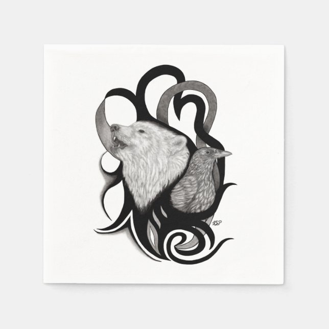 Guardanapo De Papel Lobo Branco com Arte Tribal Raven (Frente)