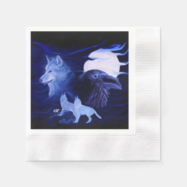 Guardanapo De Papel Lobo e Raven com lua de cheio (Frente)