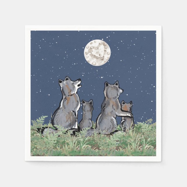 Guardanapo De Papel Lobos Wolf Howling na Lua, Estrelas Noturnas Anima (Frente)