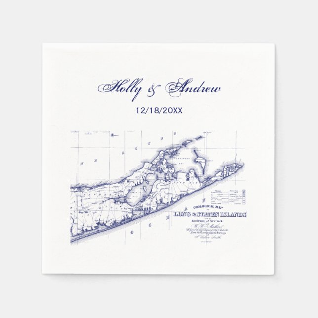Guardanapo De Papel Long Island The Hamptons Map Blue Weding (Frente)