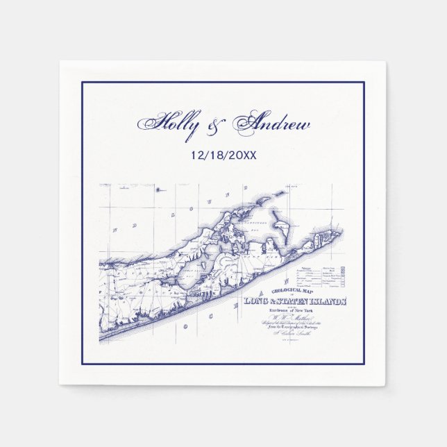 Guardanapo De Papel Long Island The Hamptons Map Marinho Blue Wedding  (Frente)